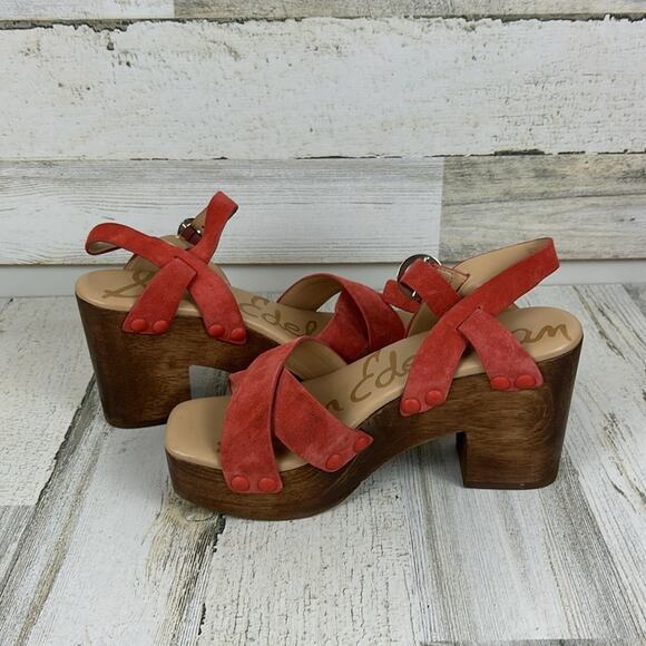 Sam Edelman Josefine Women’s 6.5 Coral Suede Strappy Sandals Wood Heel NEW - Picture 7 of 11